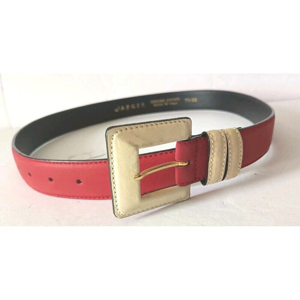 Womens Jaeger Leather Belt Small 30" Red Beige Colorblock Vintage 90s Old Money